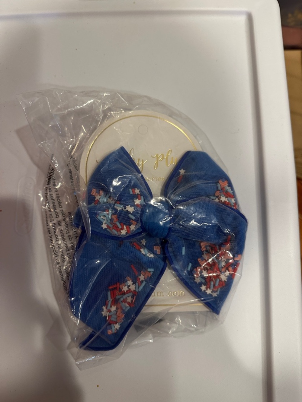NWT Cheeky Plum Patriotic Blue Ribbon Hair Bow with Red, White & Blue Confetti